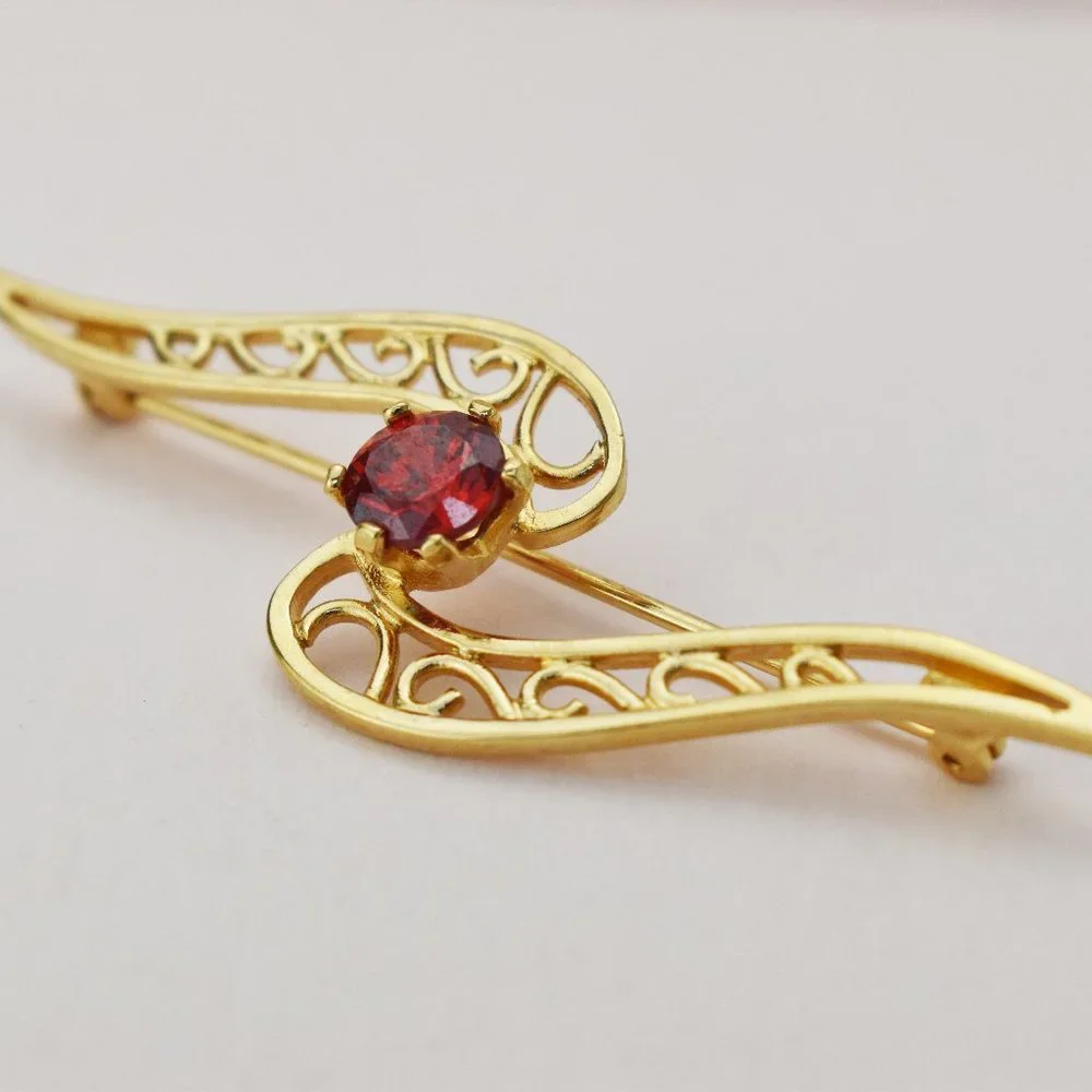 Red crystal brooch gold tone, small fancy rhinestone brooch